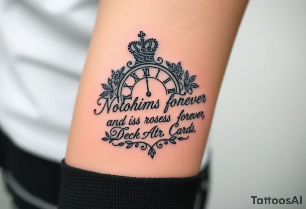 Roman clock with a crown, with roses and a quote that says nothings forever and with a deck of cards gangster chicano style tattoo idea