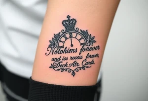 Roman clock with a crown, with roses and a quote that says nothings forever and with a deck of cards gangster chicano style tattoo idea