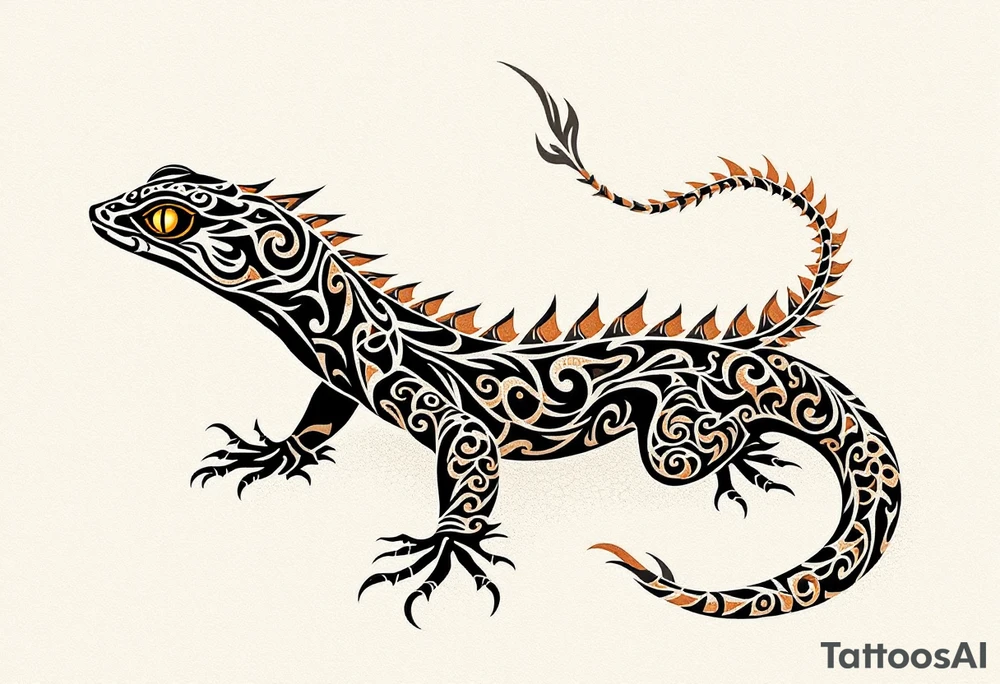 Tribal desert lizard with cracked earth texture – A sleek, agile lizard in motion, designed with tribal curves and sharp angles along its spine. Its skin mimics the pattern of sunbaked, cracked earth, blending tones of burnt orange, dusty brown, and charcoal black. The tail coils elegantly, forming a spiral, while the eyes gleam in golden yellow, symbolizing survival, transformation, and primal instincts. tattoo idea