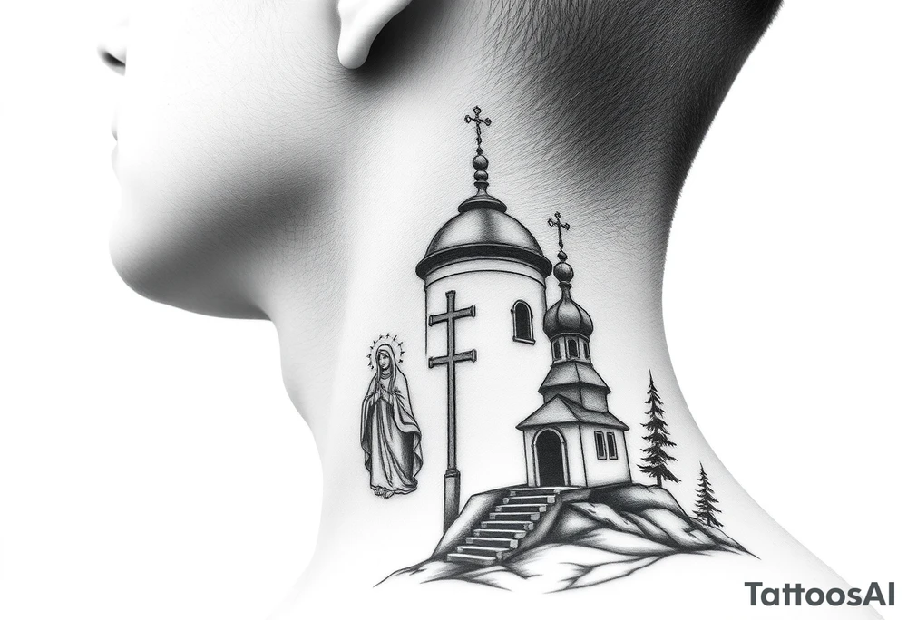 russian design traditional christian orthodox cross with a virgin mary stood beside the entrance of a russian orthodox dome church on the side of the neck in a wilderness setting with the design spread out the side of the neck tattoo idea