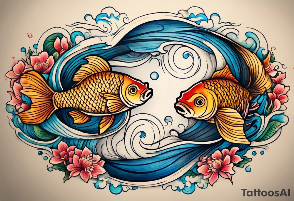 Beautiful coy pisces fish swimming in opposite directions but weighed on the scale of a Libra scale that's balanced out and made of tittered wood tattoo idea