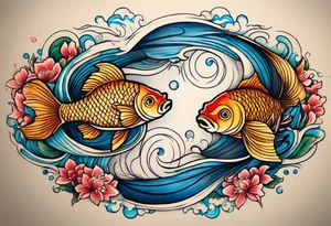 Beautiful coy pisces fish swimming in opposite directions but weighed on the scale of a Libra scale that's balanced out and made of tittered wood tattoo idea