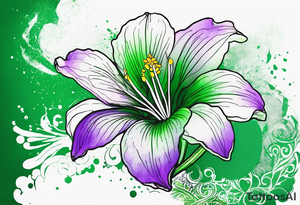 An outline of a green rio dipladenia flower and a green and purple watercolor splash in the background tattoo idea