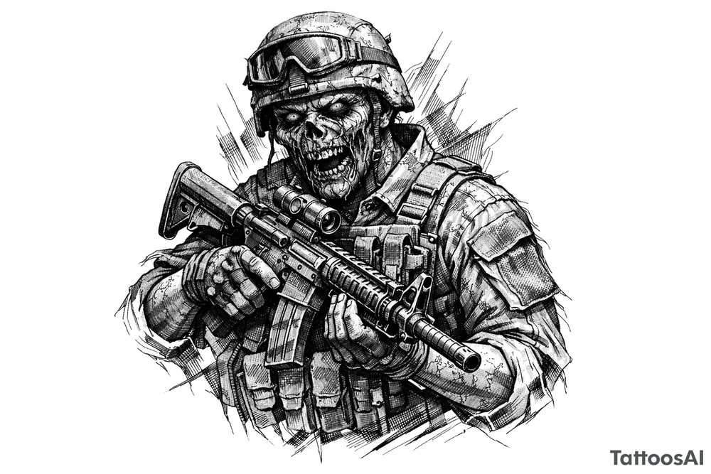 zombie in soldier-outfit,assault-rifle. tattoo idea