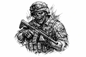 zombie in soldier-outfit,assault-rifle. tattoo idea