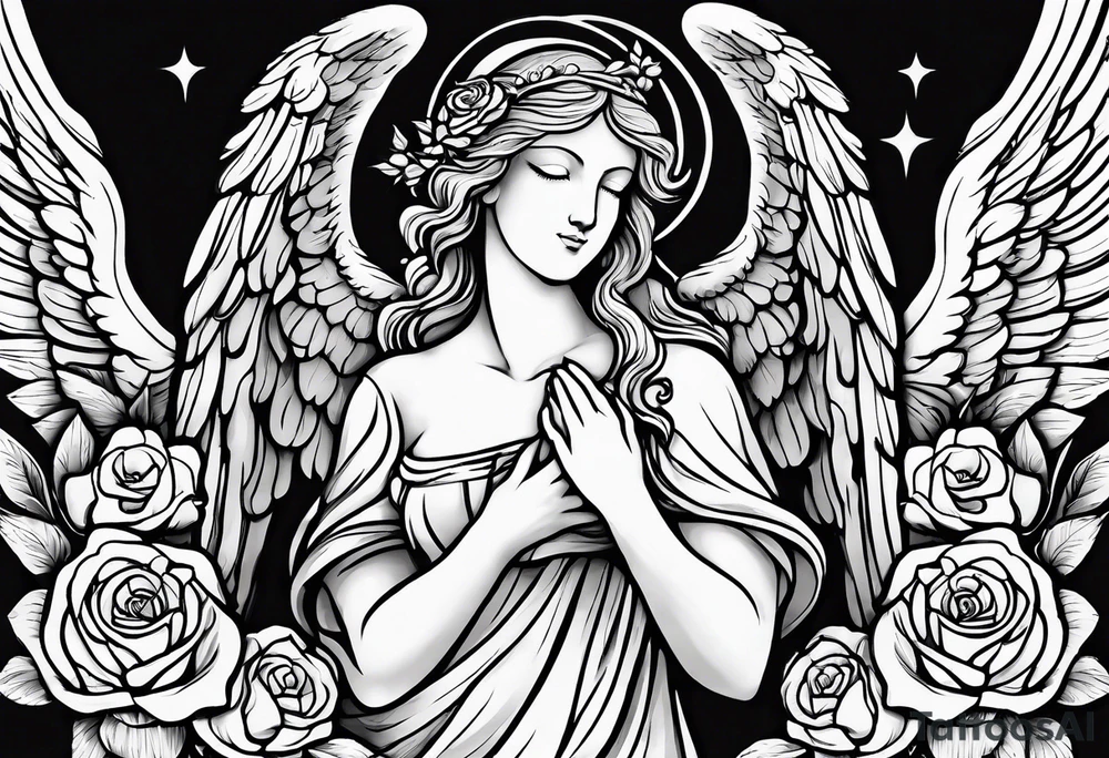 Simple Angel statue stood on a rock with daffodils and roses wrapped around its legs tattoo idea