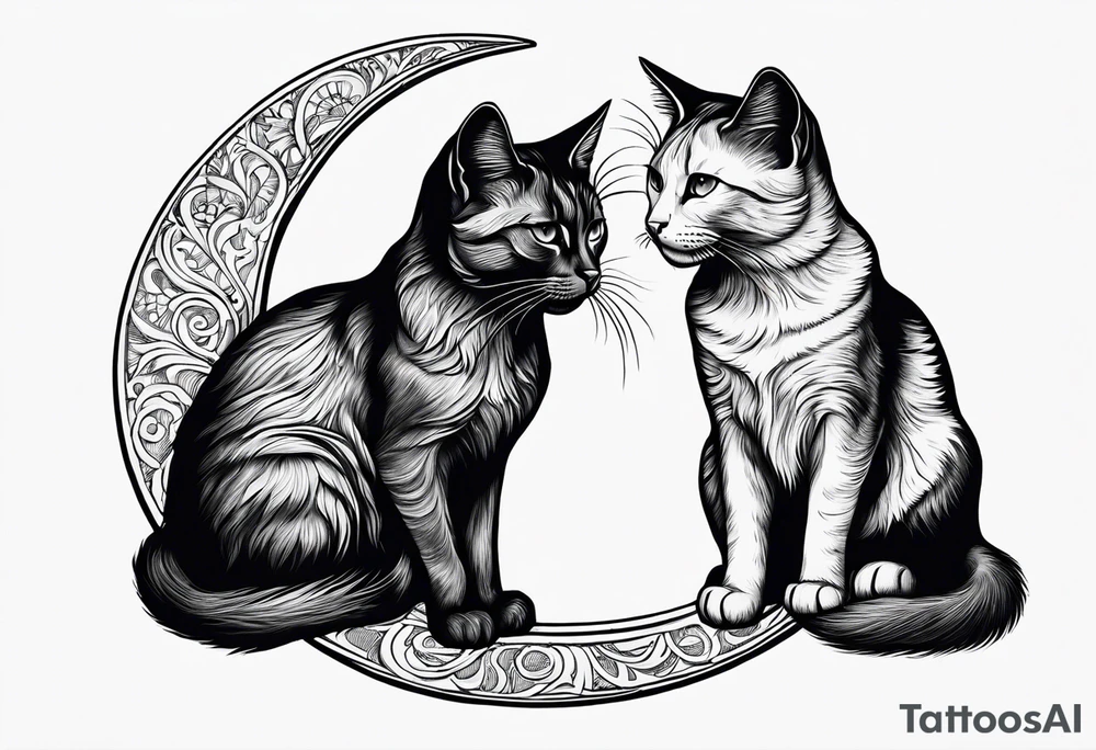 2 cats and crescent moon tattoo idea