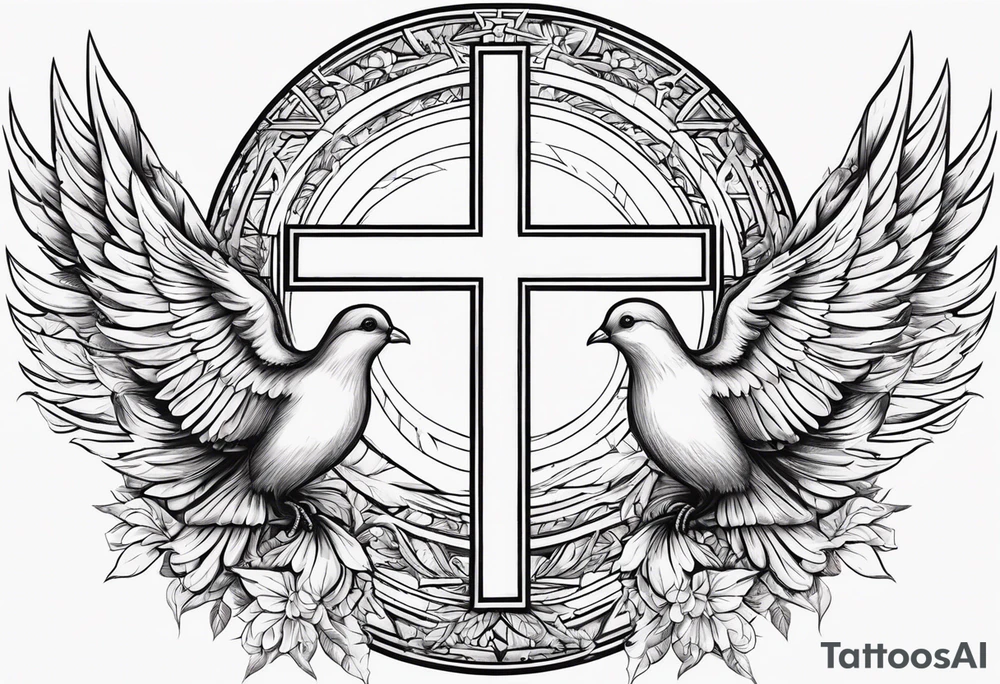 A Cross with doves in the rays of sun with 08/21/2024 in Roman numeral tattoo idea