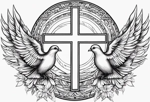 A Cross with doves in the rays of sun with 08/21/2024 in Roman numeral tattoo idea