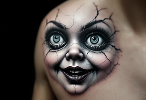 A cracked porcelain doll face, with a haunting smile and glossy white highlights, appearing shattered but still lifelike. tattoo idea