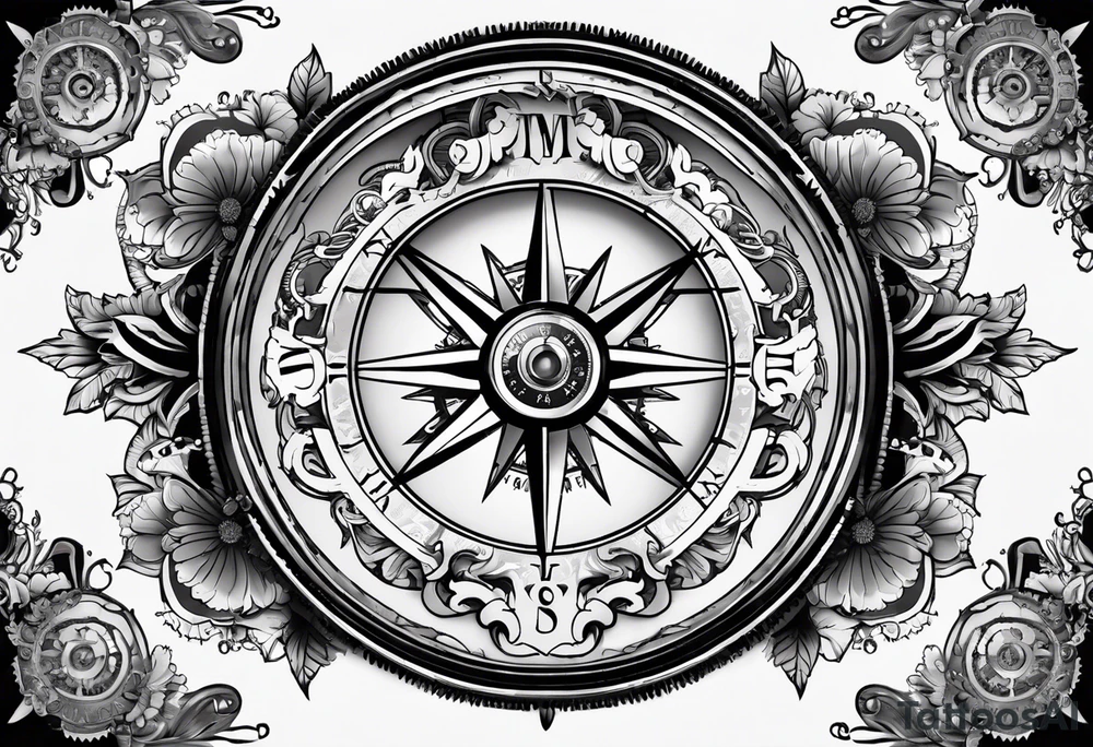 A Vintage compass with gears and marigold flower behind it. tattoo idea