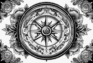 A Vintage compass with gears and marigold flower behind it. tattoo idea