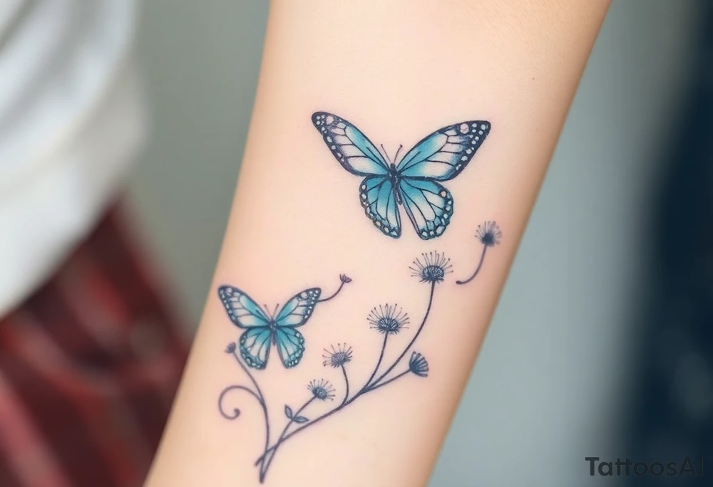 ethereal butterflies with flowing silk ribbons with vines of dandelions tattoo idea