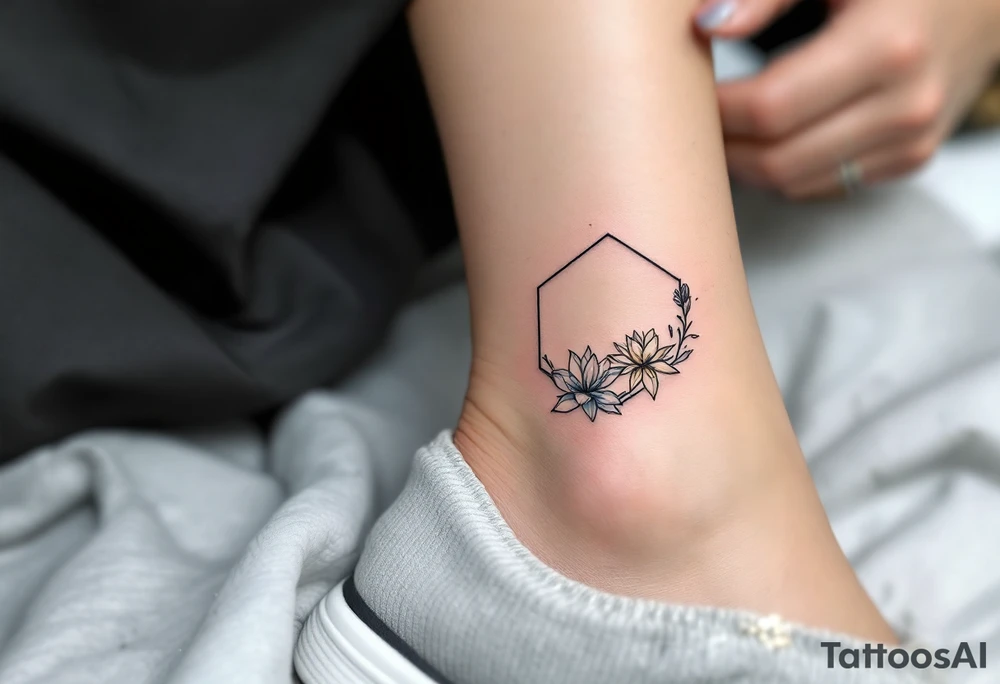 Leo sign, larkspur and water lily surrounded by a hexagon tattoo idea