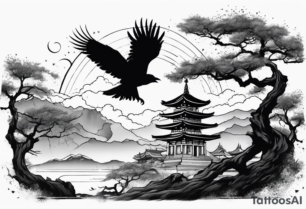 Crow moon tree Roman temple ruins tattoo idea