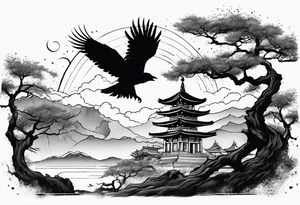 Crow moon tree Roman temple ruins tattoo idea