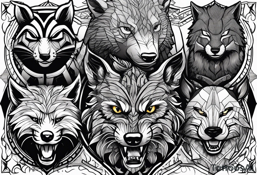 a super hero team which is combination of animals.
One is Badger/Wolverine One is Bull One is Wolf One is Axolotl One is Canary One is Lizard One is Cat tattoo idea