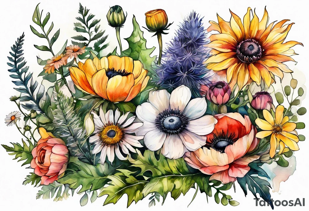 wildflowers with thistles, ferns, ranuculus, white anemones with black center, sun flowers, mixed color flowers and different shapes all in watercolor tattoo idea