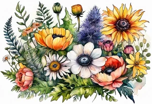 wildflowers with thistles, ferns, ranuculus, white anemones with black center, sun flowers, mixed color flowers and different shapes all in watercolor tattoo idea