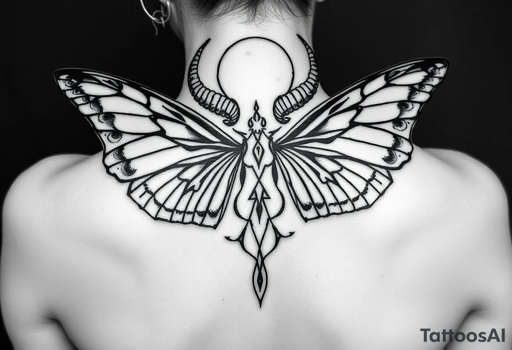 A powerful extremely sexy depiction of a start date with angel wings resembling that of a lunar moth and horns resembling the moths antennas with the son of of her head as if a Halo with two crescent men's off to each side tattoo idea
