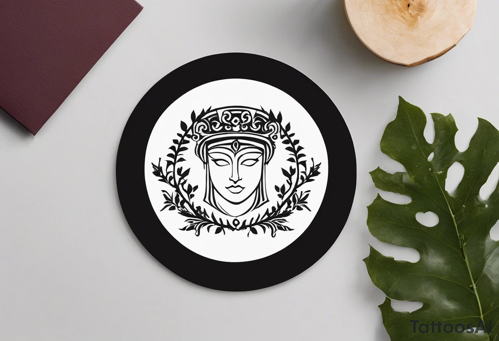 "Design a minimalist round tattoo inspired by ancient Greek art, centered around Dionysus and his love for theater. Create a circular composition with Dionysus depicted in the center, holding a theatrical mask and a goblet of wine. Surround him with simple yet symbolic elements such as grapevines, ivy leaves, or geometric patterns reminiscent of ancient Greek pottery. Ensure the design maintains a minimalist style, with clean lines and limited detail, while capturing the essence of Dionysus's affinity for both wine and theater within the circular frame." tattoo idea