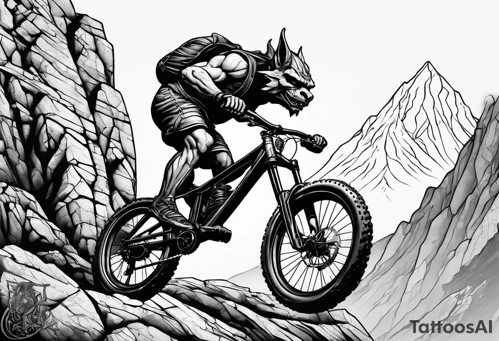 gargoyle riding a full suspension mountain bike with a shadow no background tattoo idea