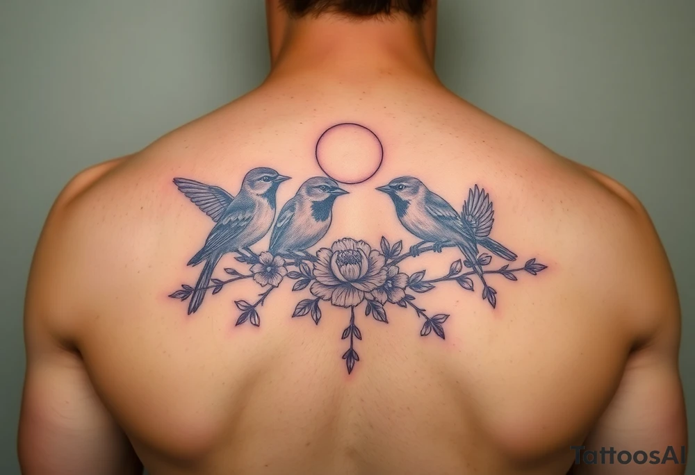 Four birds, flowers, branch, sun or moon tattoo idea