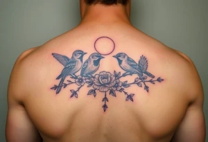 Four birds, flowers, branch, sun or moon tattoo idea
