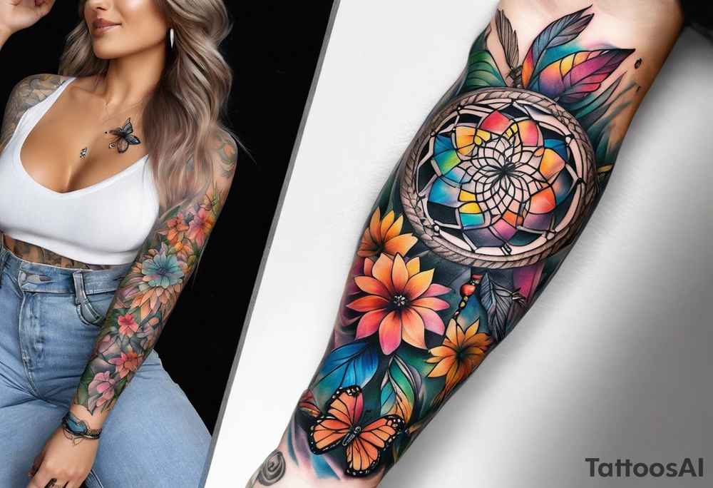 arm sleeve with dreamcatcher, rainbow flowers and one butterfly tattoo idea