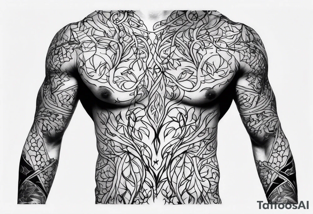 vines coming from skin and wrapping around body. front torso (chest, abs) male tattoo idea