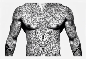 vines coming from skin and wrapping around body. front torso (chest, abs) male tattoo idea