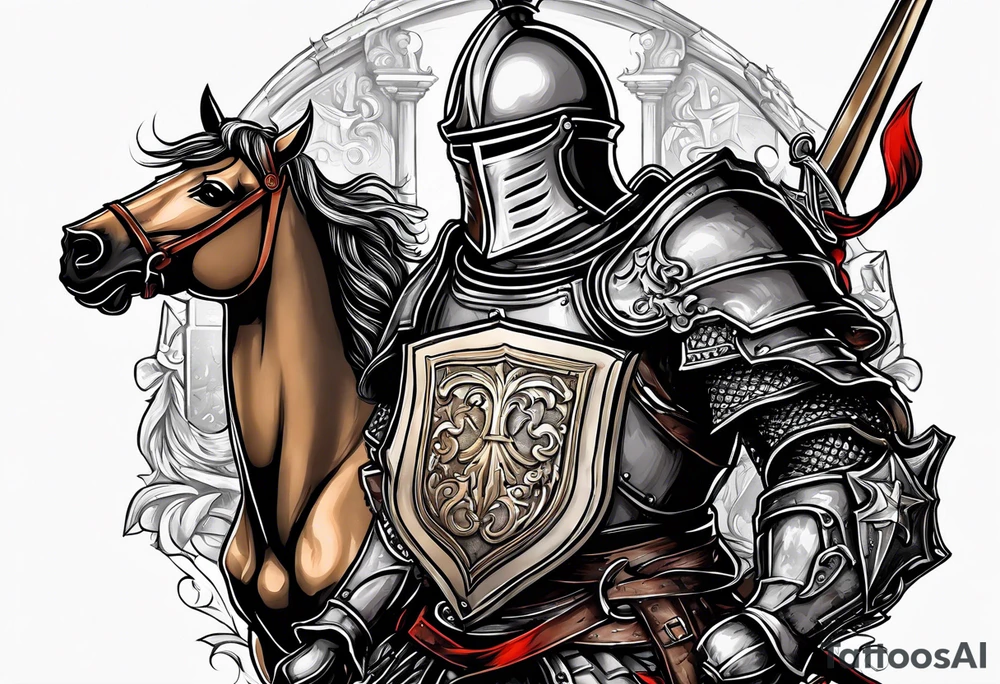 knight holding a bible over his head in combat tattoo idea