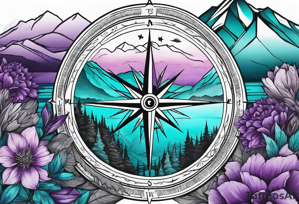 Compass behind a mountain with purple and teal sky, and purple and teal flowers in the foreground tattoo idea