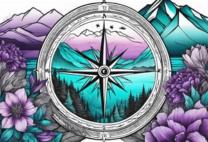 Compass behind a mountain with purple and teal sky, and purple and teal flowers in the foreground tattoo idea