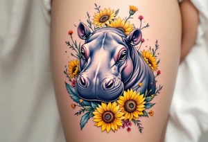 Cute hippo with sunflowers, carnations, and water tattoo idea