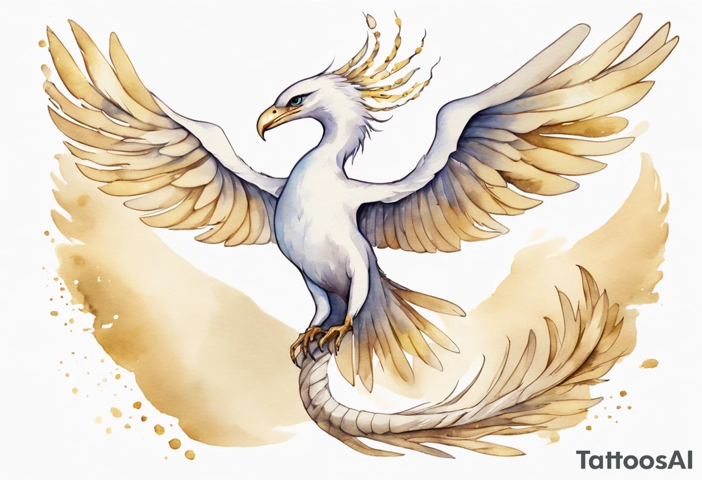 a watercolor of a white bird-serpent hybrid wearing a plain crown, with light gold wing feathers, flying in the sky tattoo idea