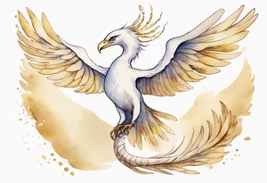 a watercolor of a white bird-serpent hybrid wearing a plain crown, with light gold wing feathers, flying in the sky tattoo idea