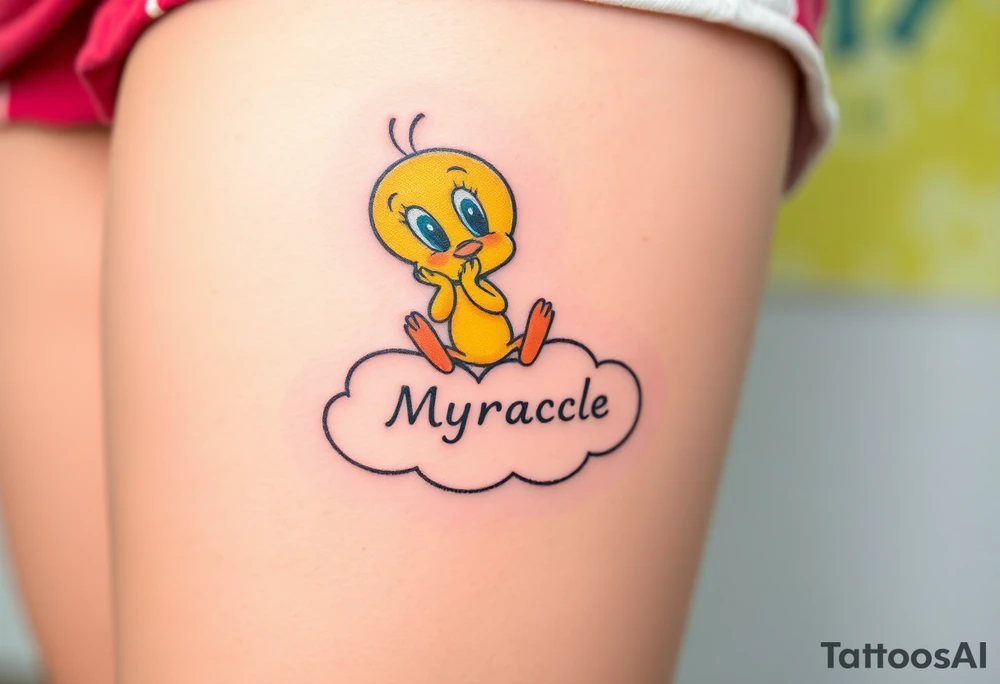 Tweety Bird on a cloud with his head in his hands looking up. Under the cloud in small capital letters is the name Myracle Blessing tattoo idea