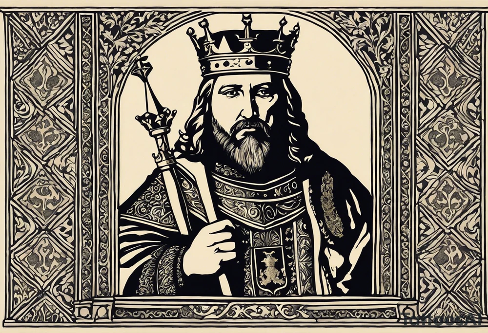 "I want a tattoo that features King Tvrtko I of Bosnia in a realistic medieval portrait. The design should include his crown and scepter, symbolizing his royal status. Surrounding the portrait, incorporate the coat of arms of the Kingdom of Bosnia, featuring the fleur-de-lis pattern. I’d like the background to include medieval architectural elements like castles or fortresses and possibly some natural landscapes that represent Bosnia. Add the text 'King Tvrtko I' in a medieval-style font, along with his reign dates. The overall style should be either black-and-gray. tattoo idea
