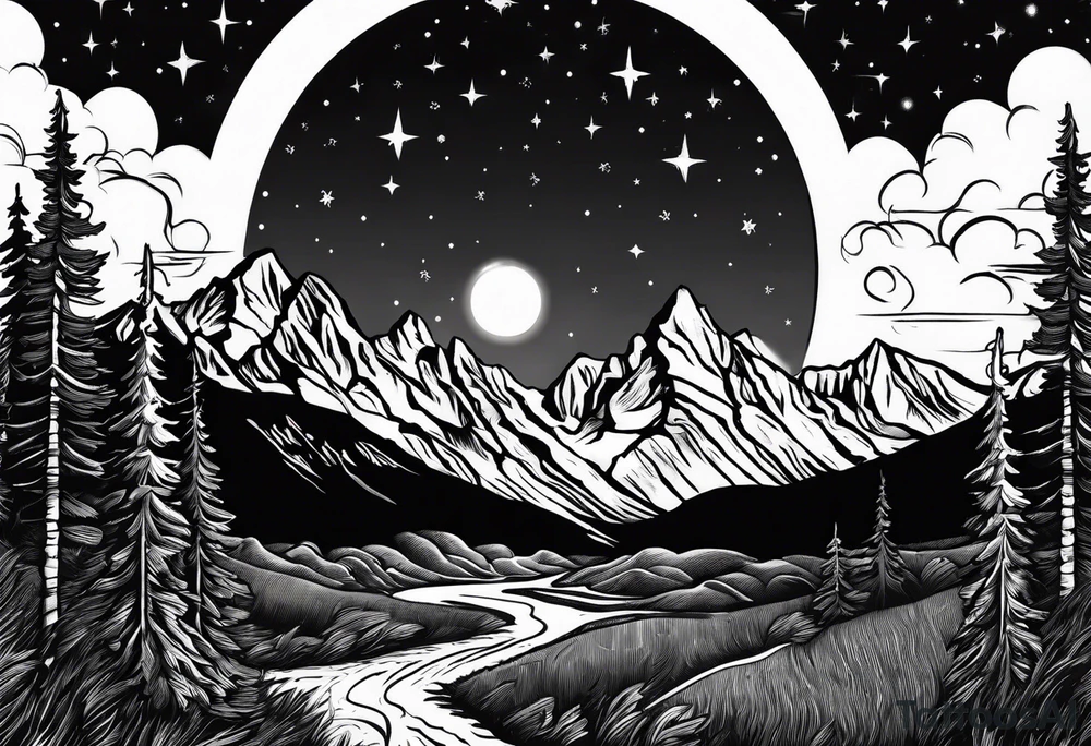 Half sleeve of Teton mountain range, moon In the sky and a few trees tattoo idea