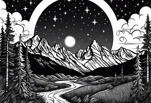 Half sleeve of Teton mountain range, moon In the sky and a few trees tattoo idea