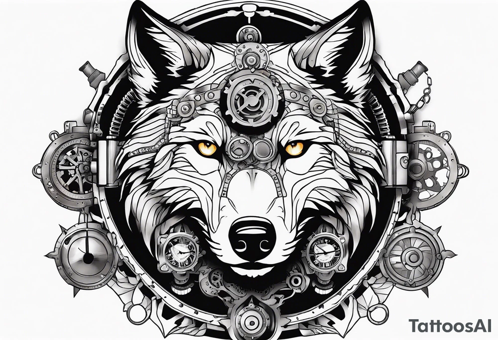 Powerful wolf powered by an engine featuring an "steampunk desing" tattoo idea