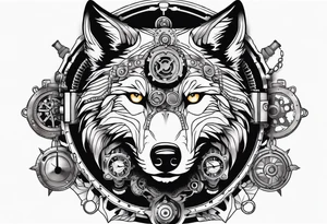Powerful wolf powered by an engine featuring an "steampunk desing" tattoo idea