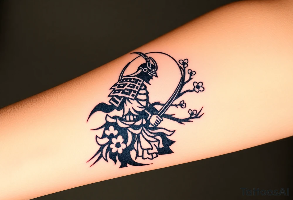 noble samurai warrior silhouette at sunset with cherry blossoms tattoo idea