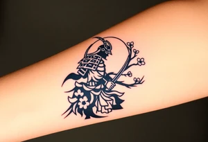 noble samurai warrior silhouette at sunset with cherry blossoms tattoo idea