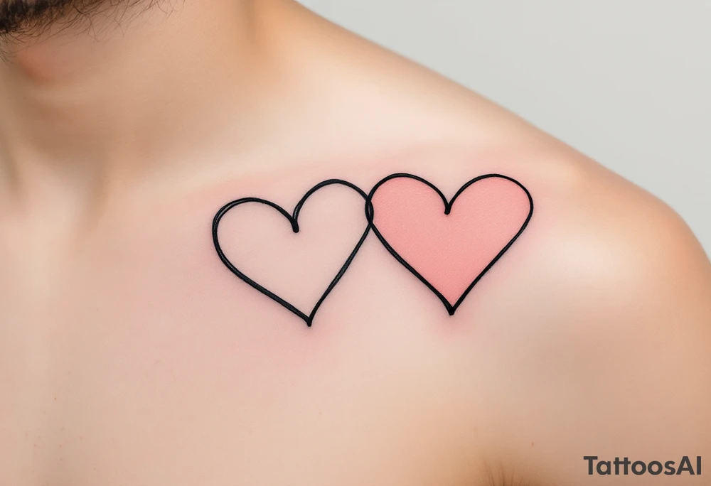 A pair of connected black line-drawn hearts, the first outlined in bold black on wrist and the second filled with soft pastel pink on wrist. tattoo idea