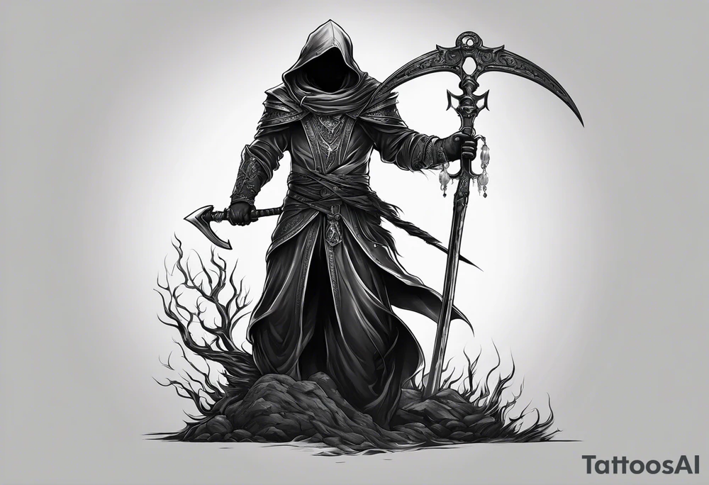 necromancer guy with Scythe and white eyes small tattoo tattoo idea