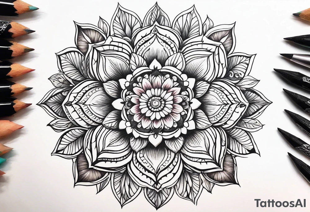 Mandala, botanical, flowers, negative space, colorful tattoo idea