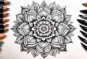 Mandala, botanical, flowers, negative space, colorful tattoo idea