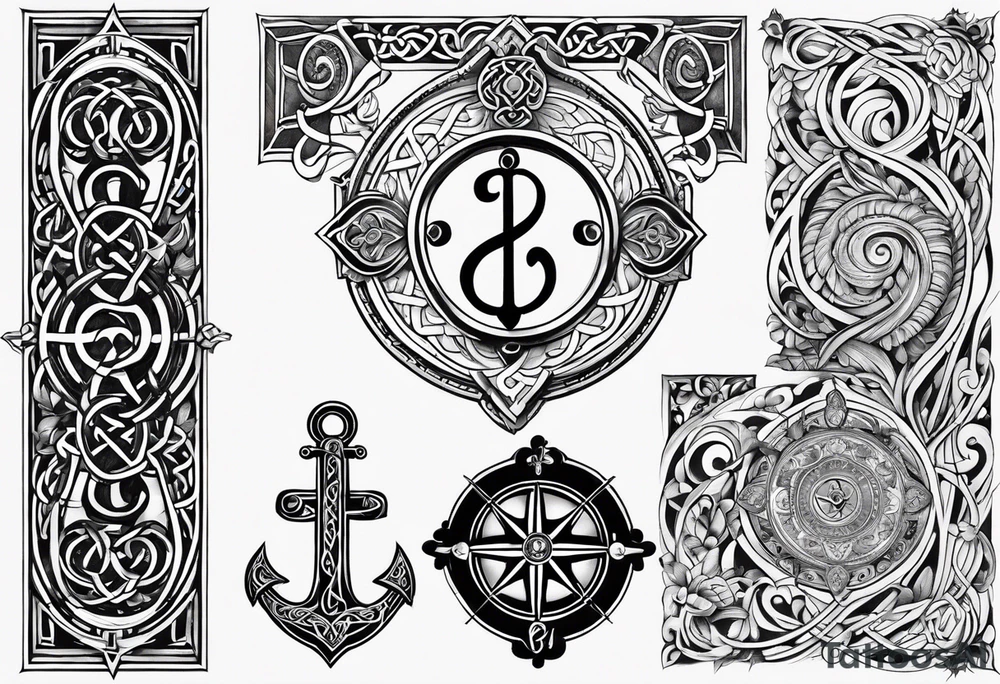 Celtic styling, anchor, compass, bass clef note, treble clef note, dog paw print, half sleeve, forearm tattoo idea